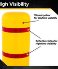 Close-up of yellow High Density Polyethylene Safety Bollard Covers showing reflective strips for high visibility.