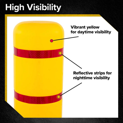 Close-up of yellow High Density Polyethylene Safety Bollard Covers showing reflective strips for high visibility.