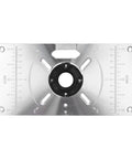 Top Shelf Aluminum Router Table Insert Plate With Four Tough Guide Rings For Rock Solid Woodworking and Knockout Precision Trimming Shop Gear And Upgrade Tools, top view with measurement markings.