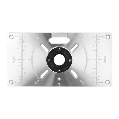 Top Shelf Aluminum Router Table Insert Plate With Four Tough Guide Rings For Rock Solid Woodworking and Knockout Precision Trimming Shop Gear And Upgrade Tools, top view with measurement markings.
