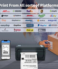 Person using Bluetooth Thermal Shipping Label Printer For 4x6 Shipping Labels Wireless And Dead Simple To Use Works With Android iPhone Windows Mac Boss For Amazon Shopify Etsy USPS And More No Ink No Toner Clean Fast Printing to print label from phone to package