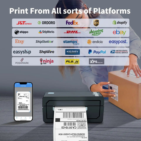 Person using Bluetooth Thermal Shipping Label Printer For 4x6 Shipping Labels Wireless And Dead Simple To Use Works With Android iPhone Windows Mac Boss For Amazon Shopify Etsy USPS And More No Ink No Toner Clean Fast Printing to print label from phone to package
