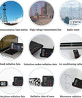 Image showing various radiation sources and meters, including transmission lines, radio towers, electronic devices, and radiation data readings.