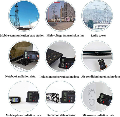 Image showing various radiation sources and meters, including transmission lines, radio towers, electronic devices, and radiation data readings.