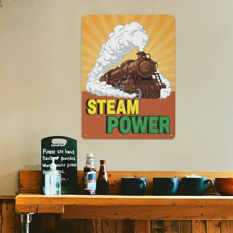 Old School Steam Locomotive Metal Sign Retro Steam Power Tin Wall Decor For Living Rooms Cafes And Garages Vintage Train Poster Style 16 By 12 Inches Durable High Quality Finish on wall above cafe counter