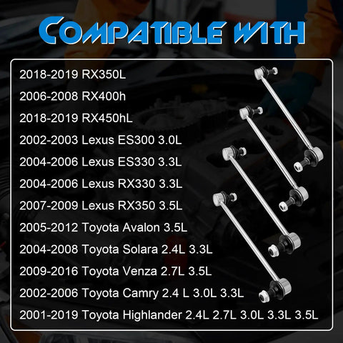 Toyota Heavy Duty Front And Rear Sway Bar Link Suspension Kit For Camry Highlander Avalon Venza And Lexus ES300 ES330 RX330 RX350 RX400h Replaces K90344 K90345 4Pcs Front And Rear Stabilizer Bar Links compatible models list