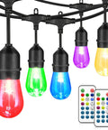48 Ft Outdoor Patio Lights With Remote Dimmable RGB LED String Lights 8 Colors Including Red Green Blue Warm White And Cyan One Color At A Time 15 Shatterproof Bulbs Waterproof Cafe Bistro Party Mood Lighting with remote controls