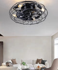 18-Inch Caged Flush Mount Ceiling Fan With Lights And Remote, black rustic farmhouse fan in living room with modern decor