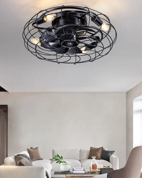 18-Inch Caged Flush Mount Ceiling Fan With Lights And Remote, black rustic farmhouse fan in living room with modern decor