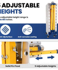 Built Tough 5 Level Height Adjustable Folding Welding Table 65 By 12 Inch Galvanized Steel Workbench With 1500 Pound Capacity showing adjustable height features from 29 to 48 inches.