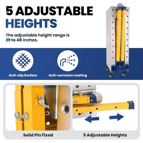Badass Foldable Welding Table With 1500 Lbs Capacity Heavy Duty Galvanized Steel Workbench showing adjustable heights from 29 to 48 inches.