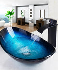 USZWBY Bathroom Sink Tempered Glass Bathroom Vessel Sink in blue with water flowing from the modern tap in stylish bathroom setting.