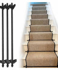 Upgrade Your Stairs With Vintage Brass Adjustable Rods For Carpet Runners. Black stair rod kit with brackets, screws and end caps securing a runner on white steps.