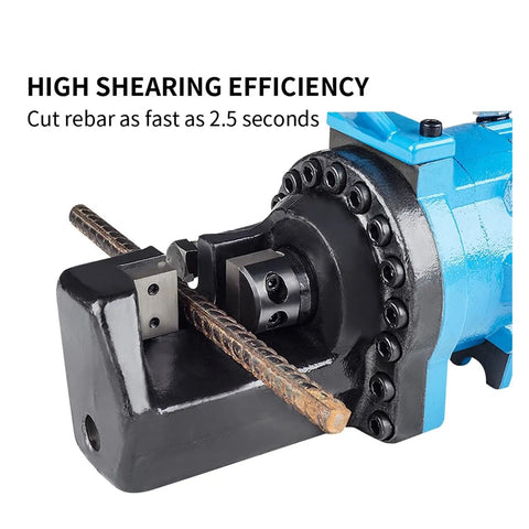 Powerful Electric Hydraulic Rebar Cutter Shears For Steel Bar Cutting 4 To 16mm Fast 2.5 Sec Cut Time with cutting mechanism and steel bar.