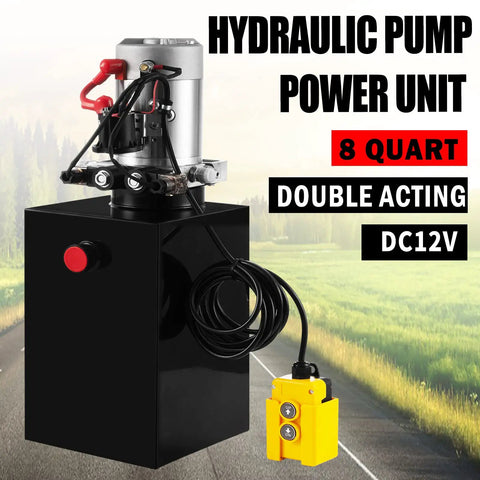 Image of Beefy Truck-Grade 8 Quart Hydraulic Power Unit with Dual Acting Dump Trailer Pump, 12V DC Motor, Steel Reservoir
