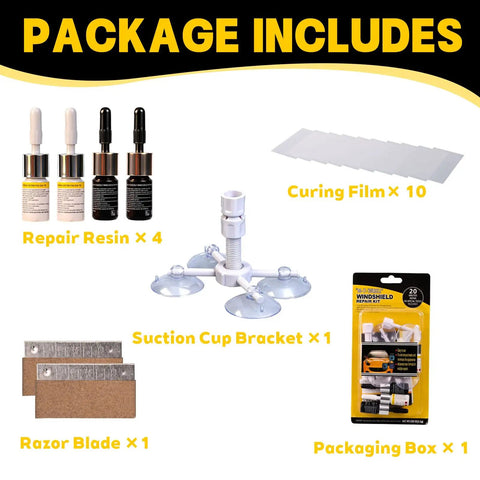 4 Piece Windshield Repair Kit With Nano Resin Fluid For Chips Bullseye Cracks And Star Shape Damage Upgraded Vacuum System Delivers Deep Resin Penetration And Bubble Free Glass Repair On The Go package contents