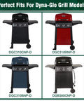 Four Dyna-Glo grill models including DGC310CNP-D, DGC310RNP-D, DGC310BNP-D, and DGB300CNP-D in a grid display