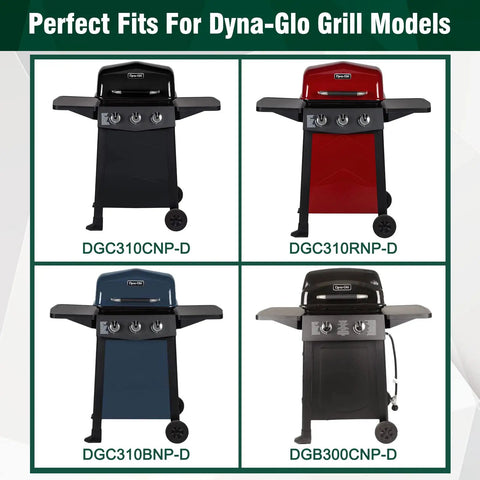 Four Dyna-Glo grill models including DGC310CNP-D, DGC310RNP-D, DGC310BNP-D, and DGB300CNP-D in a grid display