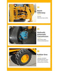 Details of Backhoe Loader Do-It-All Combo For Farm Use, focusing on boom sideways, hydraulic transmission, and rubber tires.