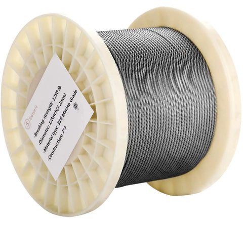 1/8 Inch Stainless Steel Wire Rope For Deck Cable Railing Kit, 7x7, 500 Feet on spool, Marine Grade 316, high tensile strength.