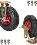 Rock Solid Heavy Duty Replacement Rubber Caster Wheels 8 Or 10 Inch Swivel Rollers With Locking Brake Premium Steel Base showing rubber wheels with red hubs and mounting bolts.