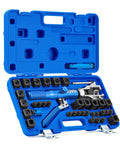 Front view of blue hydraulic brake line flaring tool kit in open case with dies and tubing cutter