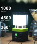 3 Pack 6500K White LED Camping Lanterns Rechargeable 1000 Lumen Each With 4500mAh Power Bank glowing on a wooden table