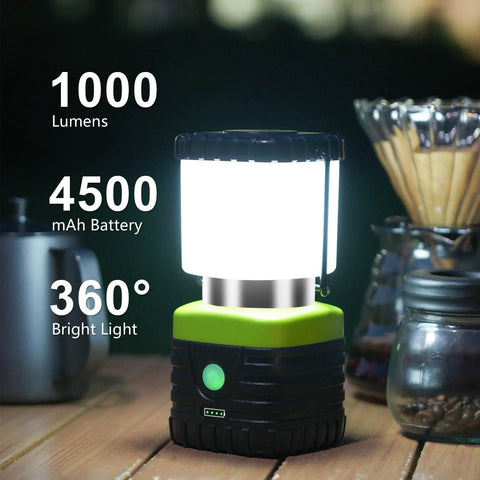 3 Pack 6500K White LED Camping Lanterns Rechargeable 1000 Lumen Each With 4500mAh Power Bank glowing on a wooden table