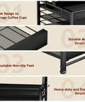 4 Tier Coffee Syrup Rack Organizer With Room For 8 Syrup Bottles And 84 Coffee Pods showing hooks, mesh, and non-slip feet features.