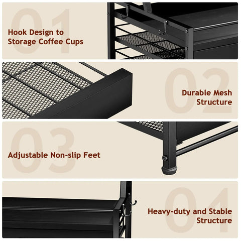 4 Tier Coffee Syrup Rack Organizer With Room For 8 Syrup Bottles And 84 Coffee Pods showing hooks, mesh, and non-slip feet features.