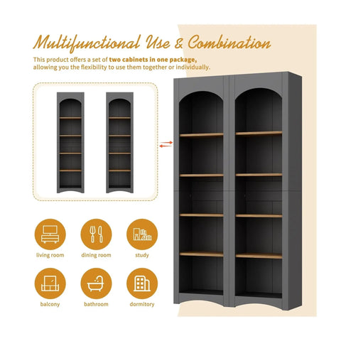 Farmhouse Two Tone 5 Tier Book Shelves And Cabinet Set with adjustable shelves, shown in a multifunctional setup.