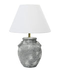 Grey Terracotta Table Lamp With Distressed Sculptural Base And Linen Shade, 23 Inch Tall, Iron Accents, 5 Foot Cord, 60W Max Bulb Not Included
