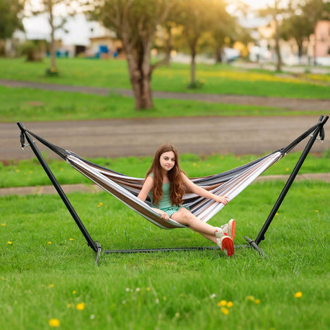 Double Hammock With Steel Stand Included 450Lb Capacity Portable Backyard Camping Garden Hammock With Premium Carry Bag And Anti Roll Balance Beams In Brown Stripes For Ultimate Outdoor Vibes