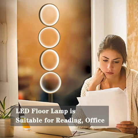 72W Dimmable LED Floor Lamp With Remote Control in living room setting next to a woman reading