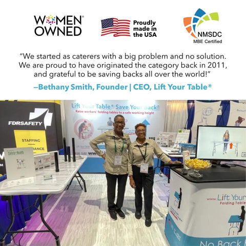 Trade show booth with people promoting Folding Table Leg Extenders For Straight Leg Tables 1.25 Inch Fit No Tools Setup USA Made Set.