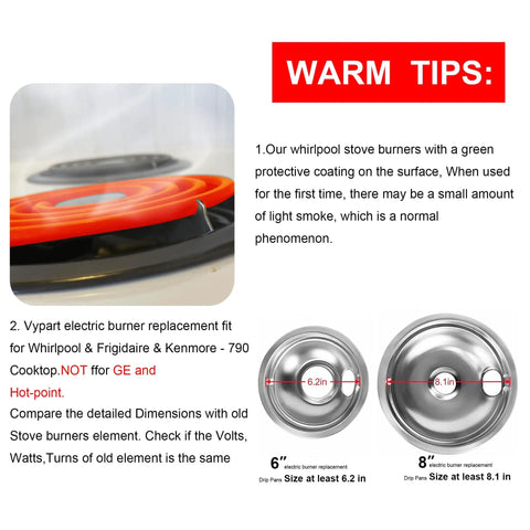 Electric Range Burner Element Replacement Set For 8-Inch MP21YA And 6-Inch MP15YA with nickel molybdenum coils