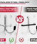Comparison of stainless steel pegboard hook versus plastic peglock for 300 Piece Pegboard Hook Set For Garage And Workshop Organization Pro Grade Heavy Duty Durable Hardened Steel Pegboard Accessories For Hanging Tools Screws Bins And Craft Storage.