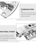12-pack stainless steel kitchen cabinet door hinges, self-closing; front close-up and side view of hinge.