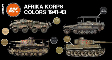 3G Afrika Korps Acrylic Paint Set with six colors for German North Africa vehicles showcasing Dunkelgrau hues on models