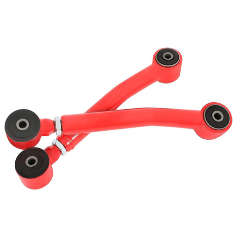 0-8 Inch Lift Adjustable Front Control Arm Kit For Jeep Cherokee XJ Comanche MJ Grand Cherokee ZJ And Wrangler LJ And TJ With Red Powder Coat For Lifted Rigs Front Upper Eye To Eye And Lower Eye To Eye Fit red adjustable steel front control arms with bushings