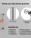Close-up of knurled non-slip grip on 2 Pack 24 Inch Anti Slip Shower Grab Bars Knurled Stainless Steel Chrome Hand Rail For Bathroom Safety And Senior Support Durable Handicap Bath Handles 1.25 Inch Diameter Easy Install with mounting detail and weight capacity text.