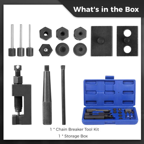 Motorcycle Chain Rivet Tool Kit, 15 Piece Set with storage box and tools for motorcycles, bikes, dirt bikes, and ATVs