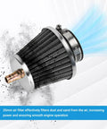 35mm air filter for Chinese pit dirt bikes and ATVs, metal and mesh construction, filtering dust with blue airflow effect