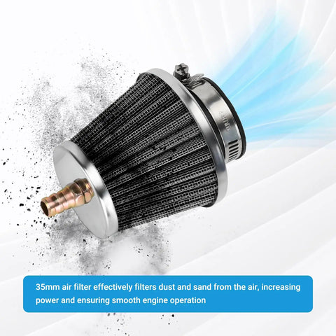 35mm air filter for Chinese pit dirt bikes and ATVs, metal and mesh construction, filtering dust with blue airflow effect
