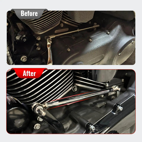 Before and after: Adjustable Shifter Linkage Kit for Harley Touring Softail Dyna 1986 Through 2017 CNC Machined Gear Shift Rod for Smooth Precise Shifts and Fast Reliable Throttle Response on Beefed Up Heavy Duty Rides. Chrome 12-13 inch aluminum