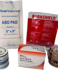 Reliable Grab And Go First Aid Refill Kit With High Quality Wound Care Essentials For Restaurant And Commercial Use Class B Compliant includes ABD pads, burn dressings, adhesive tape, and ointment.
