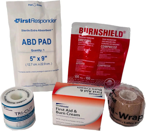 Heavy Duty Class A First Aid Refill Kit Loaded With Essential Tablets And Emergency Medical Gear For Restaurants And Local Shops Without Cabinet, including ABD pad, burn dressing, tape, and cream.