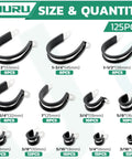OURU 125PCS cable clamp set with black rubber-coated stainless steel clamps in 12 sizes.