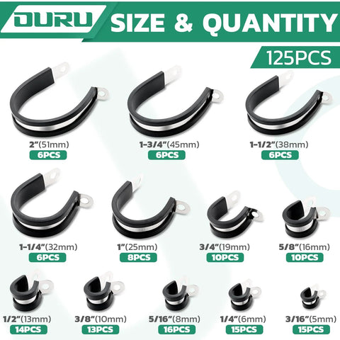 OURU 125PCS cable clamp set with black rubber-coated stainless steel clamps in 12 sizes.