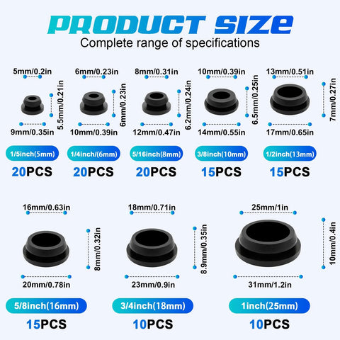 125 Piece Rubber Plugs For Round Holes Set In Assorted Sizes Premium Black Silicone Hole Plugs With Size Specifications